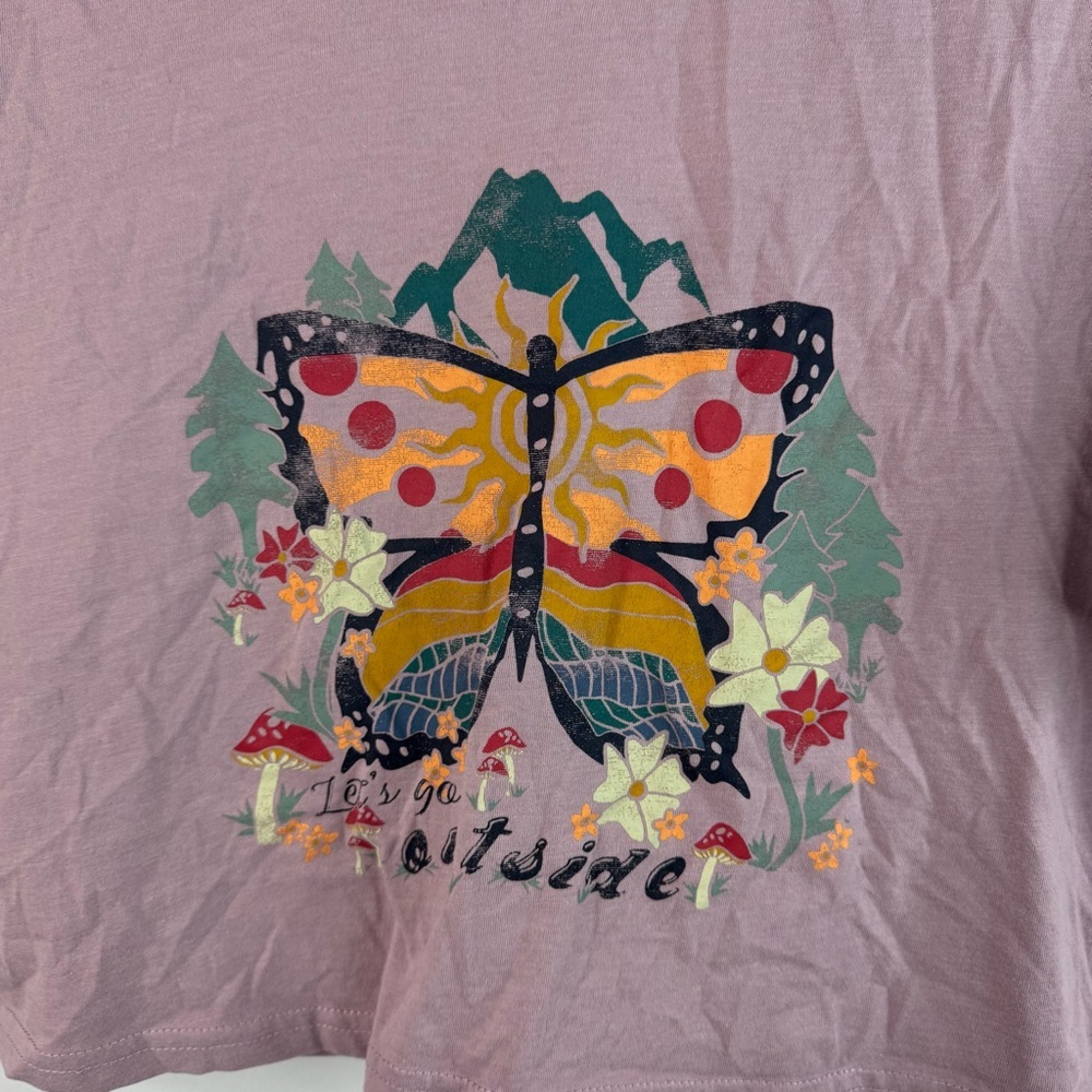 Mountain and isles cropped top let’s go outside mushroom Graphic Purple Crop Top - Picture 5 of 9